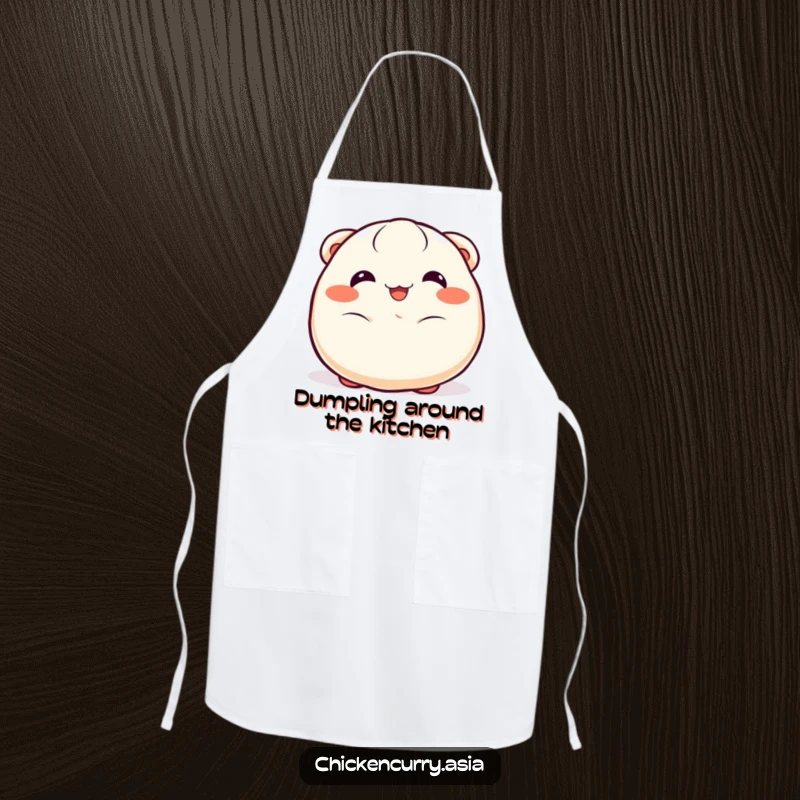 Funny dumpling apron, a cheerful character with happy eyes wiggling joyfully, ideal for kitchen use.