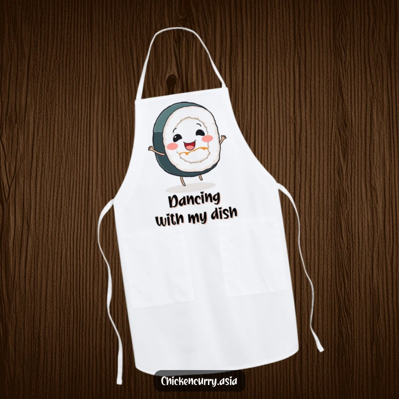 Funny sushi roll apron, a smiling character with tiny legs dancing, perfect for joyful cooking.