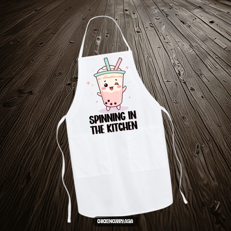 Funny boba tea apron, a playful character with a straw doing a celebratory spin, great for kitchen use.