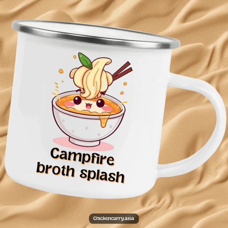 Funny ramen camping mug, a character with a fun expression splashing broth, perfect for outdoors.