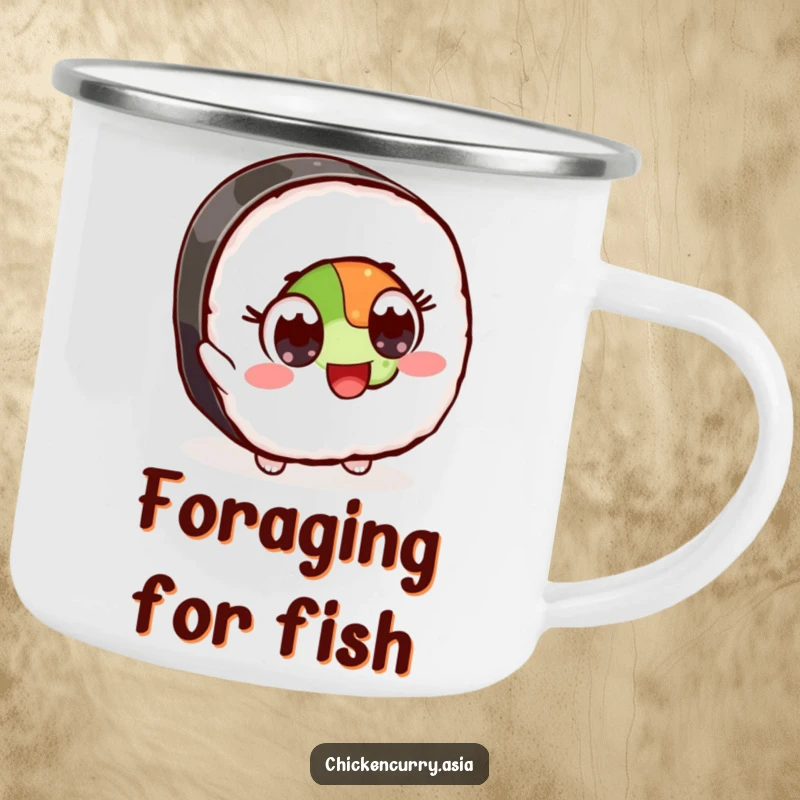 Funny enamel camping mug featuring a stylized sushi character with wide, excited eyes reaching for an ingredient, designed for durability.