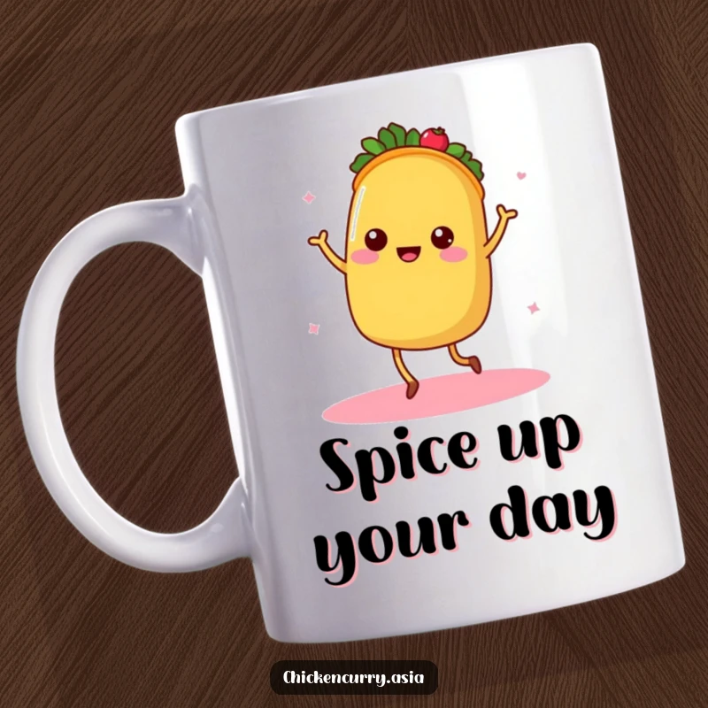 Funny dancing taco mug, a character with tiny legs radiating warmth, joyfully celebrating food.