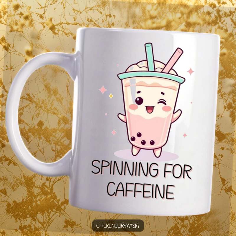 Funny boba tea mug, a playful character with a straw doing a celebratory spin, enjoying life.