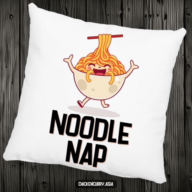 Funny pillow featuring a happy, stylized bowl of noodles character doing a joyful dance, perfect for adding comfort and humor.