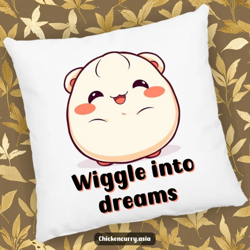 Funny dumpling pillow, a cheerful character with happy eyes wiggling joyfully, soft and decorative.