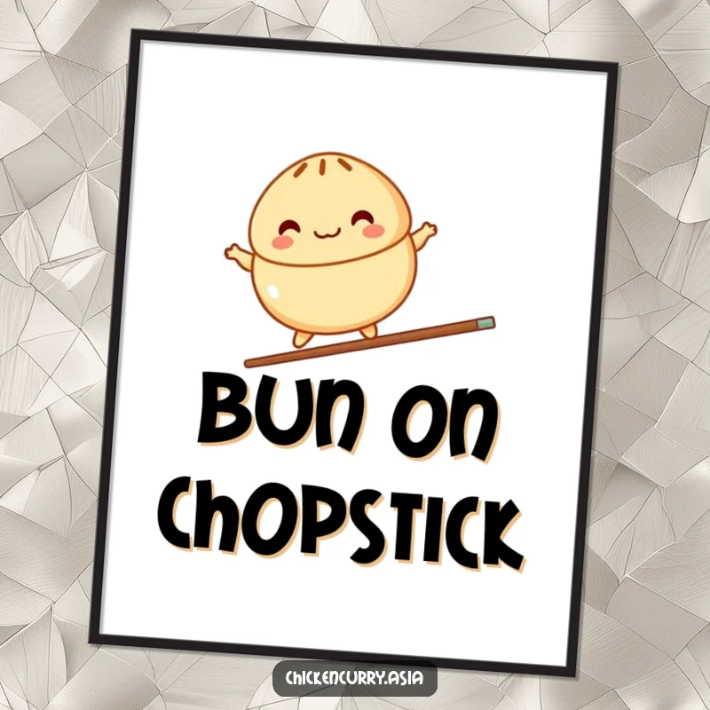 Funny digital art print of a colorful, stylized steamed bun character joyfully balancing on a single chopstick, ready for printing.