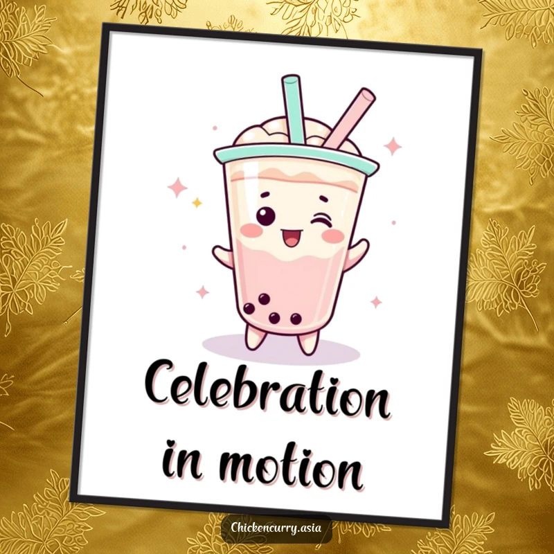 Funny boba tea digital art print, a playful character with a straw doing a celebratory spin, vibrant and cheerful.