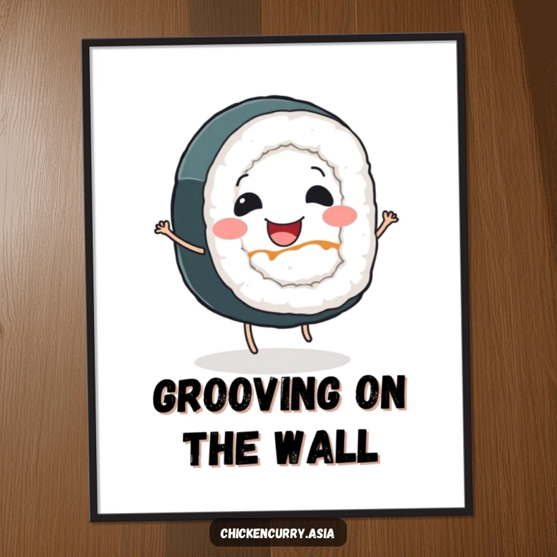 Funny sushi roll digital art print, a smiling character with tiny legs dancing, vibrant and joyful.