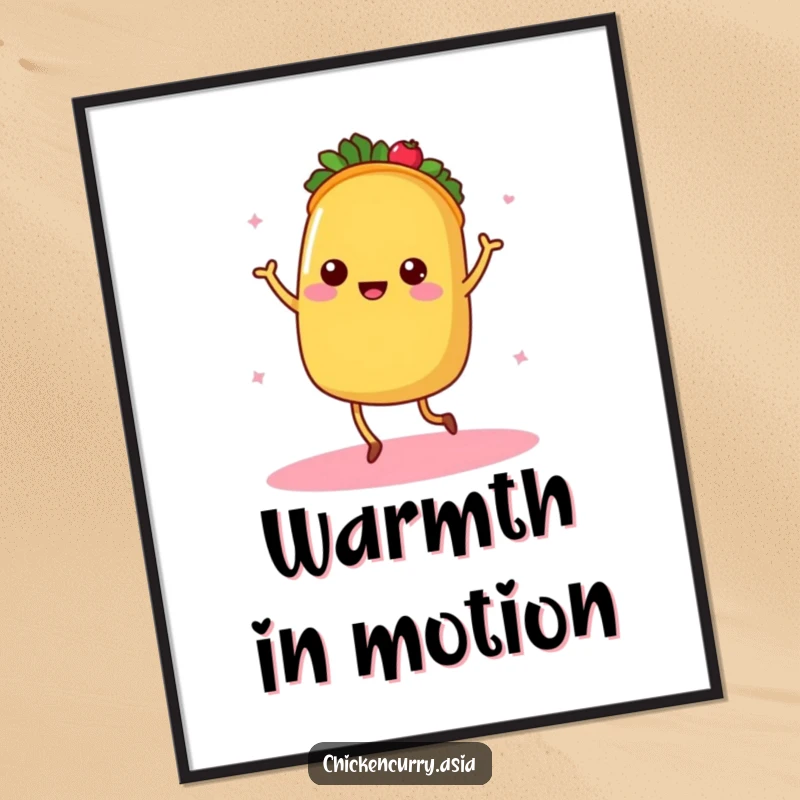 Funny taco digital art print, a dancing character with tiny legs radiating warmth, vibrant and festive.