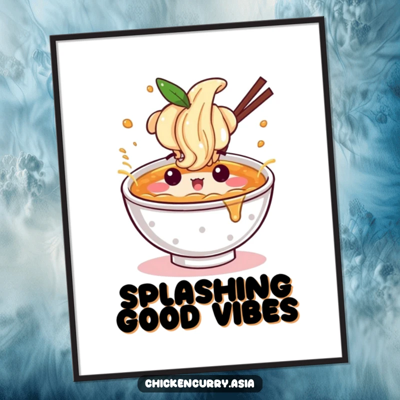 Funny ramen digital art print, a character with a fun expression splashing broth, vibrant and energetic.