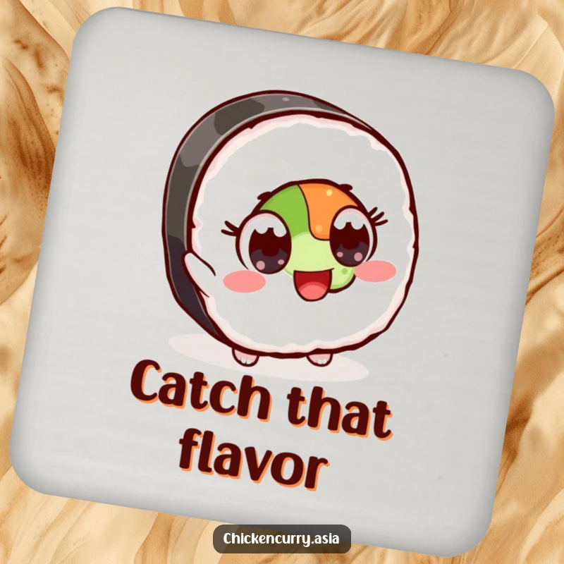 Funny drink coaster featuring a stylized sushi character with wide, excited eyes reaching for an ingredient, protecting surfaces.