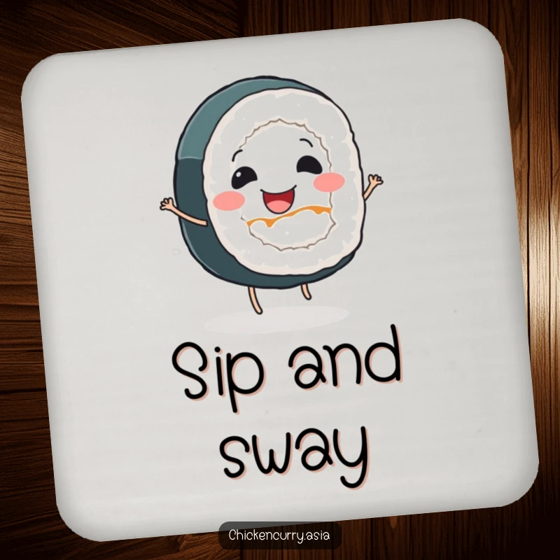 Funny sushi roll drink coaster, a smiling character with tiny legs dancing, protecting surfaces.