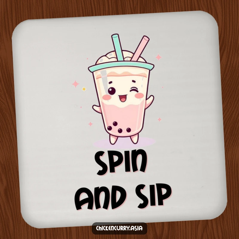 Funny boba tea drink coaster, a playful character with a straw doing a celebratory spin, for surface protection.
