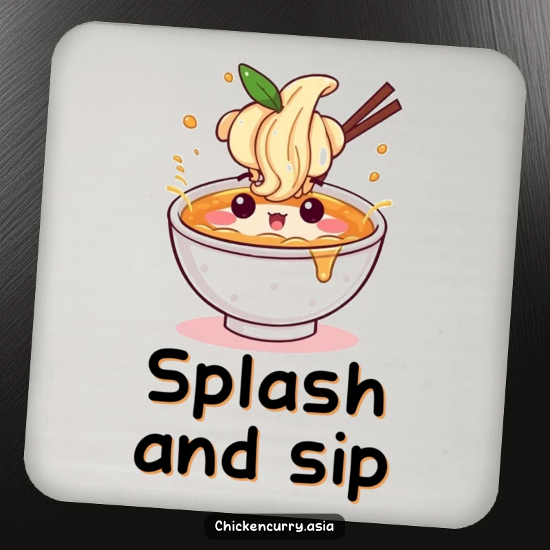 Funny ramen drink coaster, a character with a fun expression splashing broth, for surface protection.