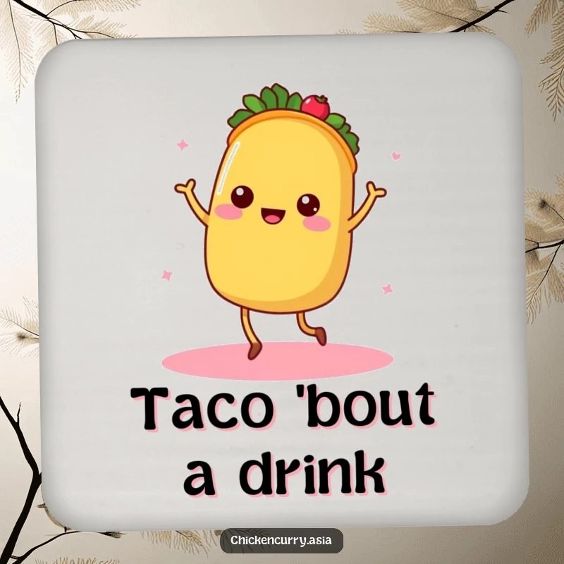 Funny taco drink coaster, a dancing character with tiny legs radiating warmth, for surface protection.