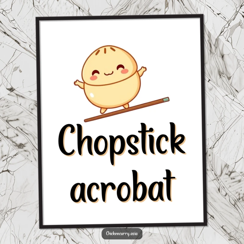 Funny poster print of a colorful, stylized steamed bun character joyfully balancing on a single chopstick, perfect for decor.