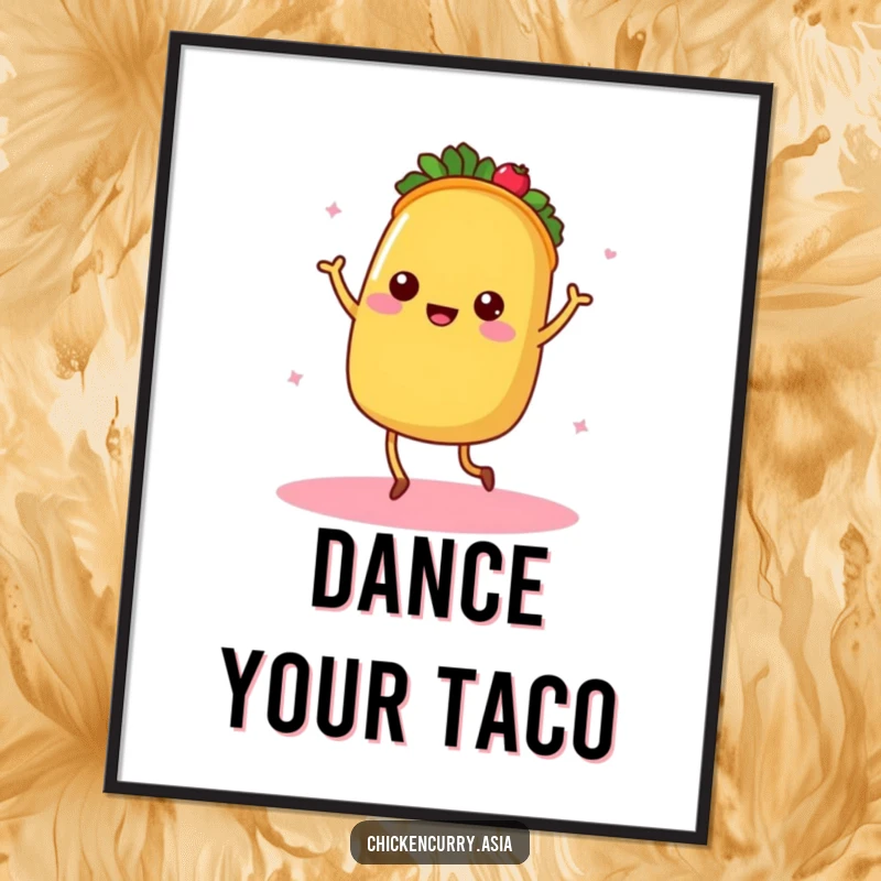 Funny dancing taco poster, a character with tiny legs radiating warmth, vibrant fiesta wall art.