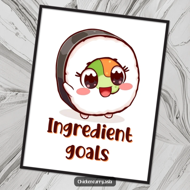 Funny poster print of a stylized sushi character with wide, excited eyes reaching for an ingredient, perfect for kitchen decor.