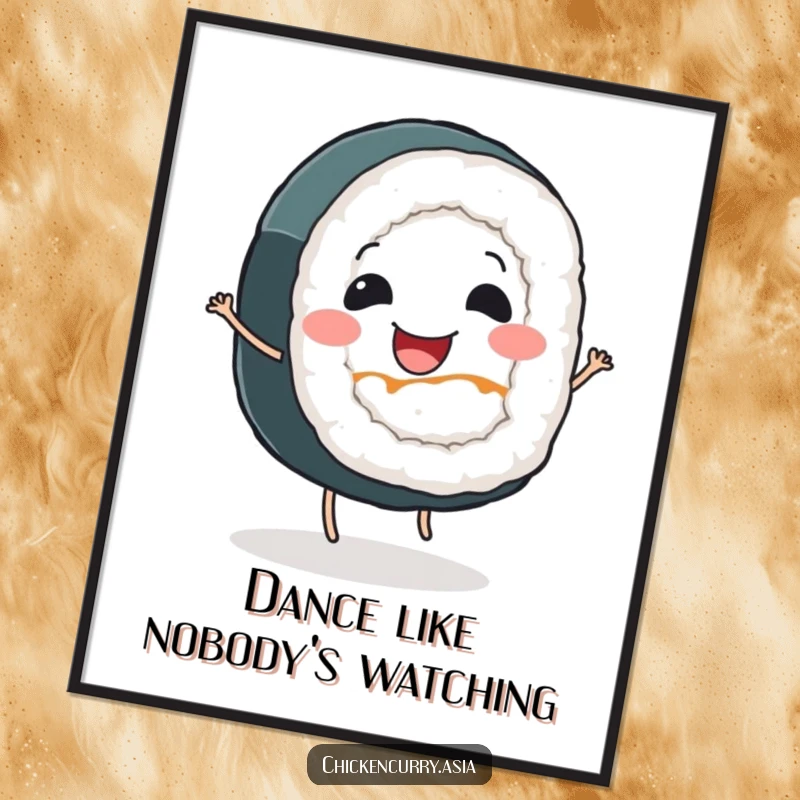 Funny sushi roll poster, a smiling character with tiny legs doing a cheerful dance, vibrant wall art.