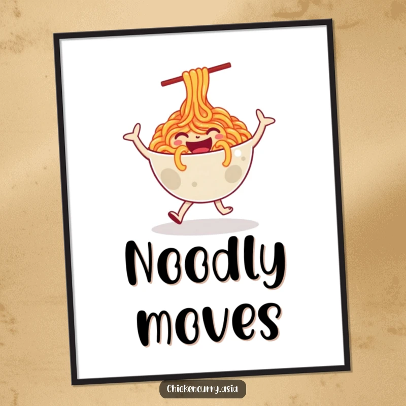 Funny poster print of a stylized, happy bowl of noodles character performing a joyful dance, ideal for kitchen or dining areas.