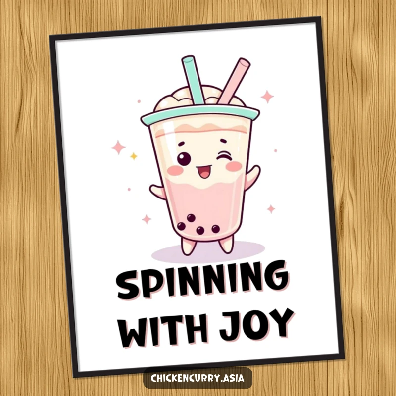 Funny boba tea spin poster, a playful character with a straw doing a celebratory spin, vibrant wall art.