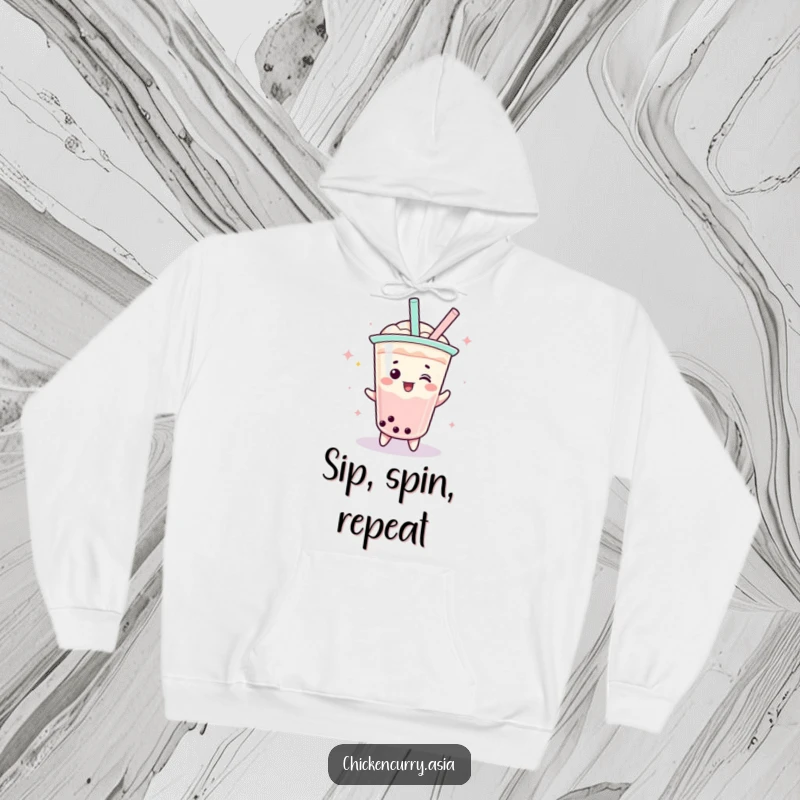 Funny boba tea hoodie, a playful character with a straw doing a celebratory spin, cozy and soft.