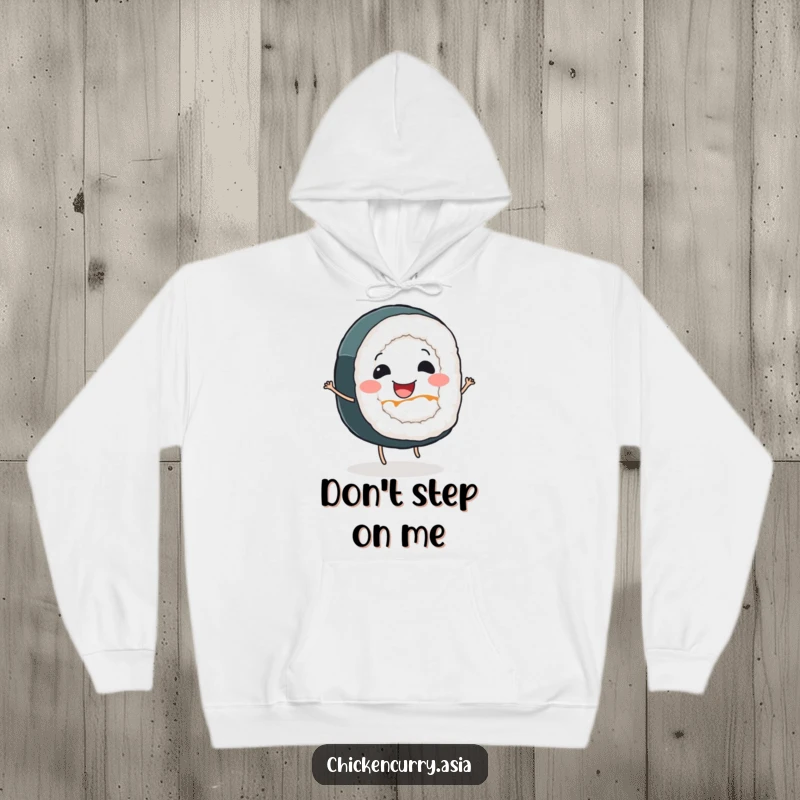 Funny sushi roll hoodie, a cute character with tiny legs dancing with joy, radiating warmth and happiness.