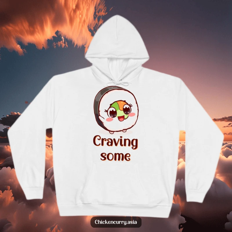Funny hoodie featuring a stylized sushi character with wide, excited eyes reaching for an ingredient, designed for comfort.