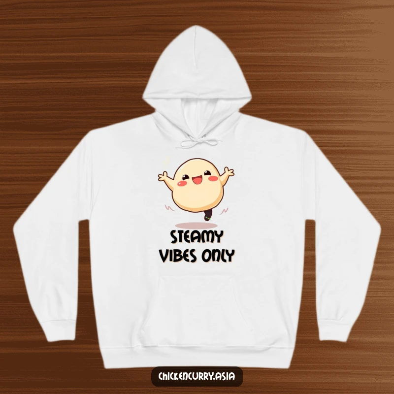Funny hooded sweatshirt featuring a stylized smiling dumpling character joyfully leaping and trailing steam, designed for warmth and humor.