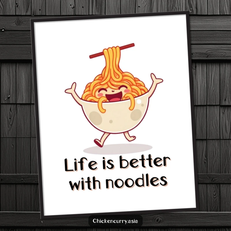Funny Free Printable Wall Art: A happy, stylized bowl of noodles character does a joyful dance.