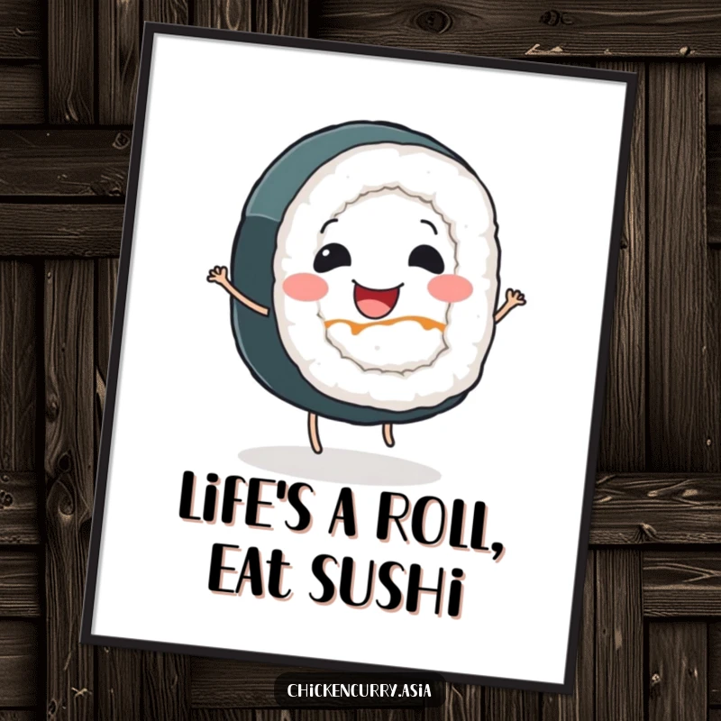 Funny free printable wall art of a smiling sushi roll with tiny legs performing a cheerful, energetic dance.