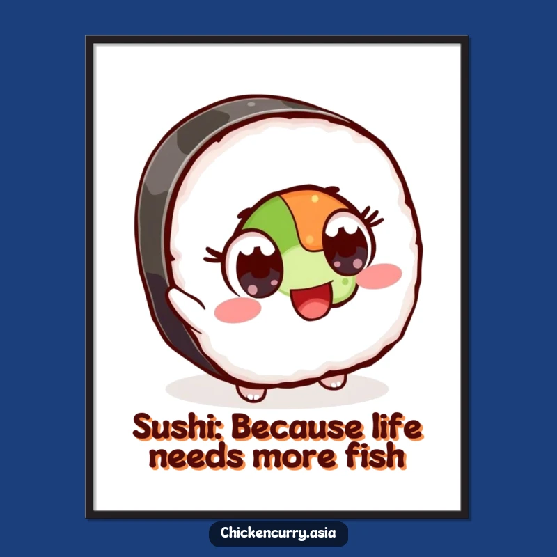 Funny Free Printable Wall Art: Excited Sushi, Ingredient Focus, Downloadable Foodie Decor Poster
