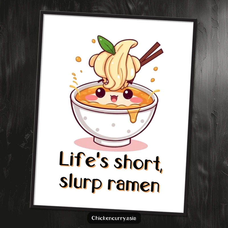 Funny free printable wall art of a ramen bowl character with a lively expression splashing broth with gusto.