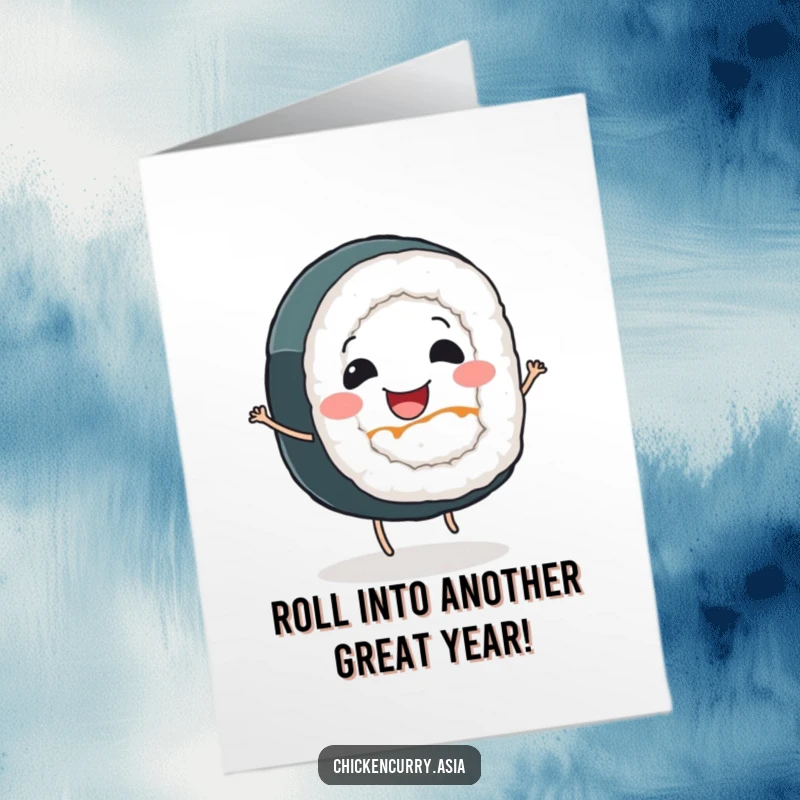 Funny free printable birthday card featuring a smiling sushi roll with tiny legs joyfully dancing, ready to party.