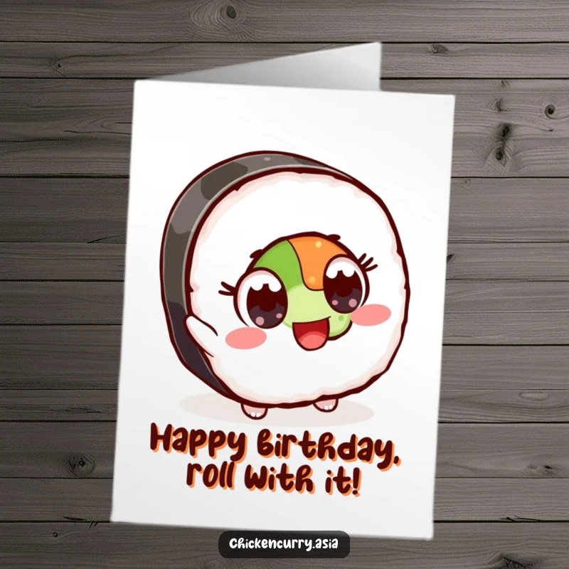 Funny Free Printable Birthday Card: Sushi character with wide eyes excitedly reaches for an ingredient.