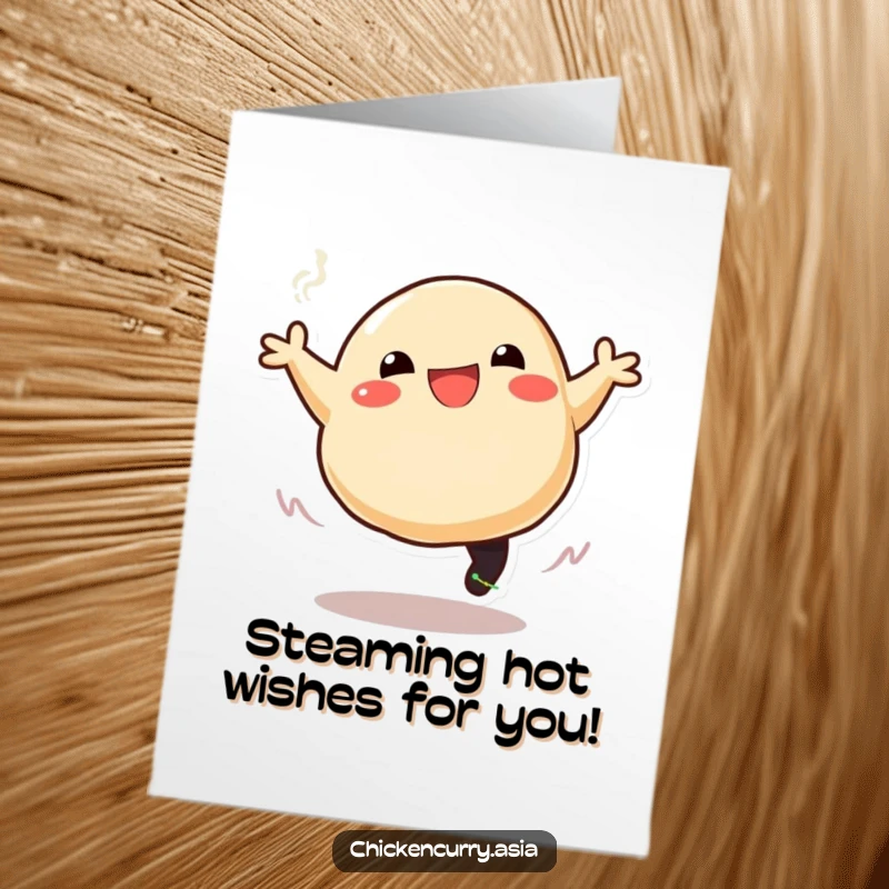 Funny Free Printable Birthday Card: Stylized dumpling leaping with steam, expressing pure joy, perfect for celebrations.