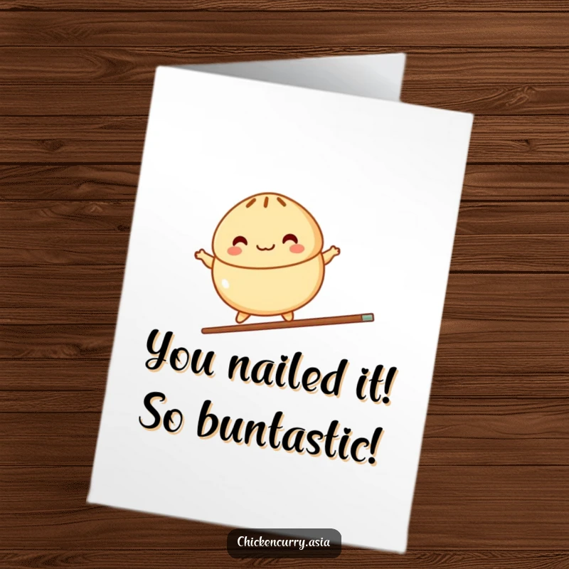 Funny Free Printable Congratulations Card: A colorful steamed bun character joyfully balances on a single chopstick.