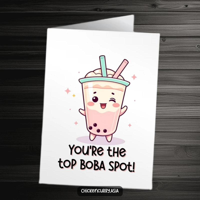 Funny free printable congratulations card showing a playful boba tea character spinning with a straw in celebration.