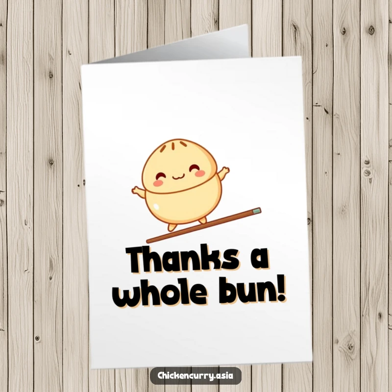 Funny Free Printable Thank You Card: A colorful steamed bun character joyfully balances on a single chopstick.