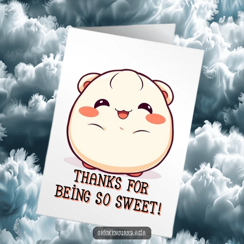 Funny free printable thank you card depicting a happy dumpling with wide eyes wiggling with sincere appreciation.