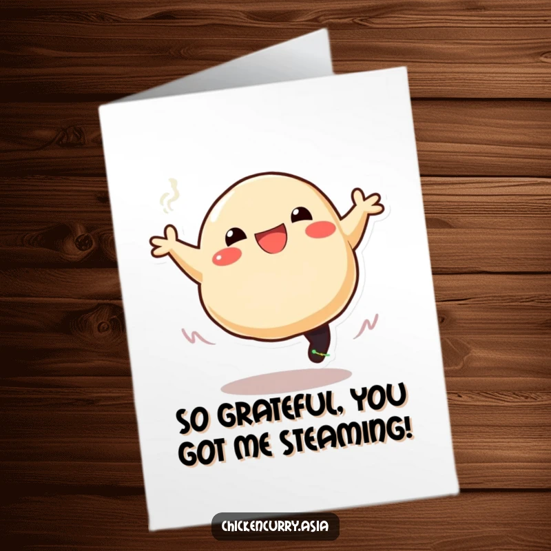 Funny Free Printable Thank You Card: A stylized dumpling smiles and leaps, trailing steam, conveying thanks.