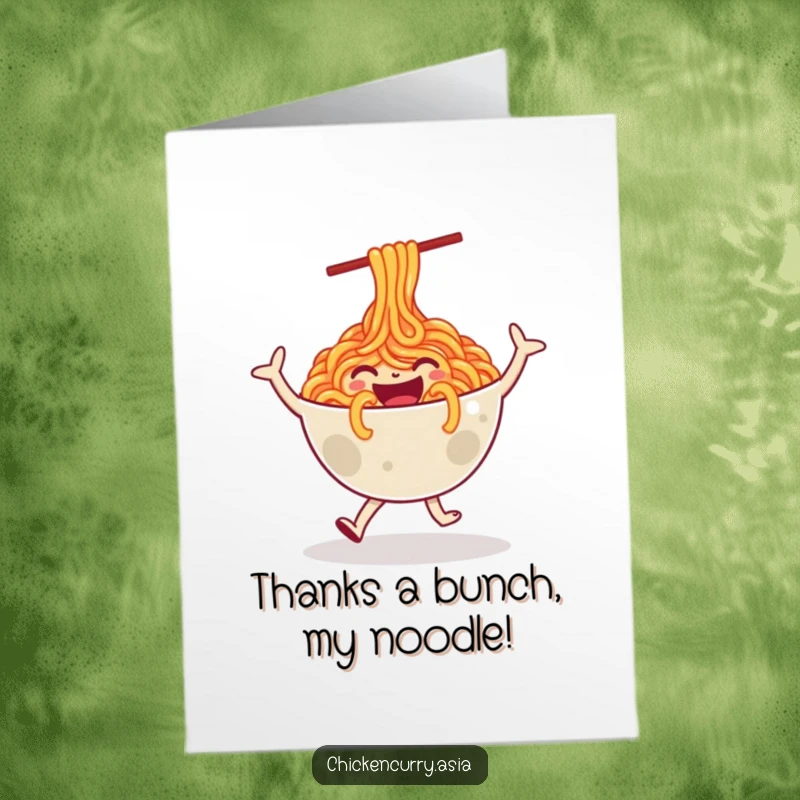 Funny Free Printable Thank You Card: A happy bowl of noodles is shown dancing joyfully, expressing thanks.