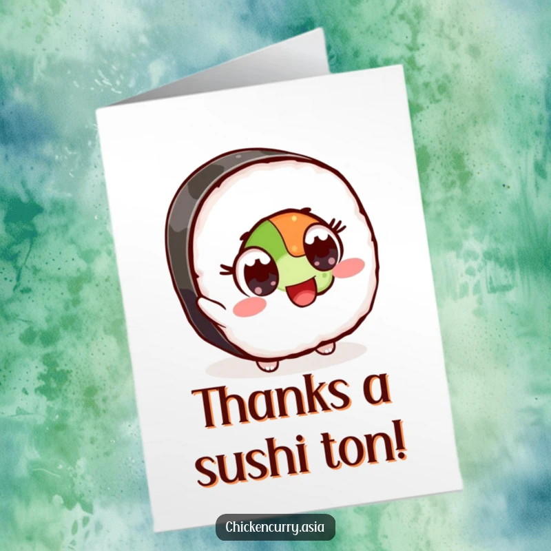 Funny Free Printable Thank You Card: A piece of sushi with wide eyes excitedly reaches for an ingredient.