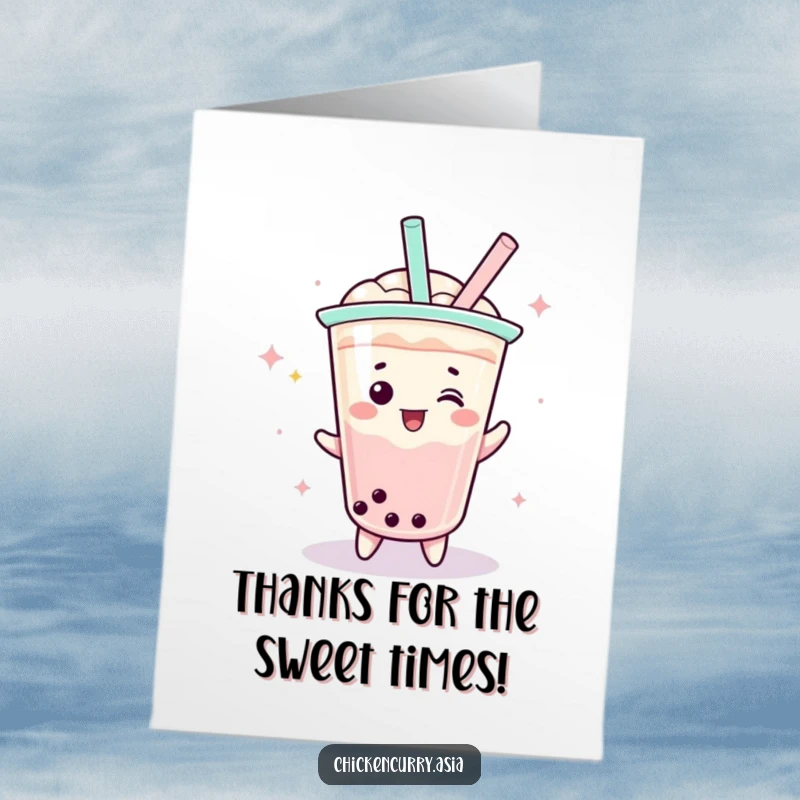 Funny free printable thank you card of a playful boba tea character doing a celebratory spin with its straw.