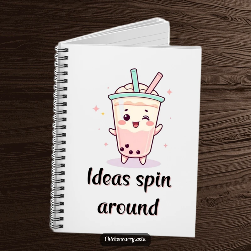 Funny boba tea notebook, a playful character with a straw doing a celebratory spin, for notes and doodles.