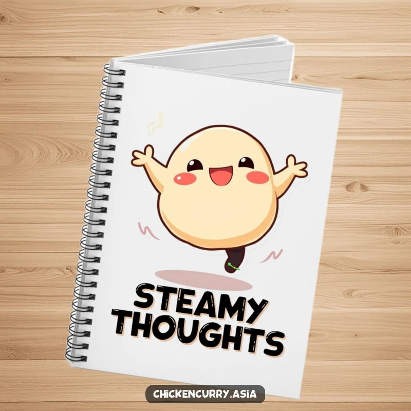 Funny notebook with a cover art of a stylized, smiling dumpling character leaping with trailing steam, perfect for note-taking.