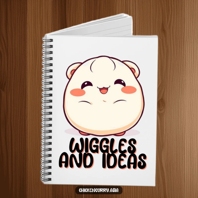 Funny dumpling notebook, a cheerful character with happy eyes wiggling joyfully, for notes and doodles.