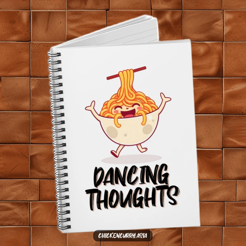 Funny notebook featuring a stylized, happy bowl of noodles character in a joyful dance, ideal for jotting down notes.