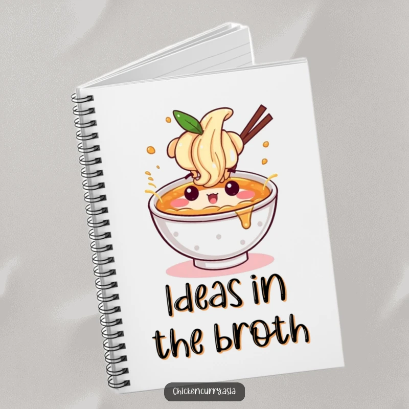 Funny ramen notebook, a character with a fun expression splashing broth, for notes and recipes.