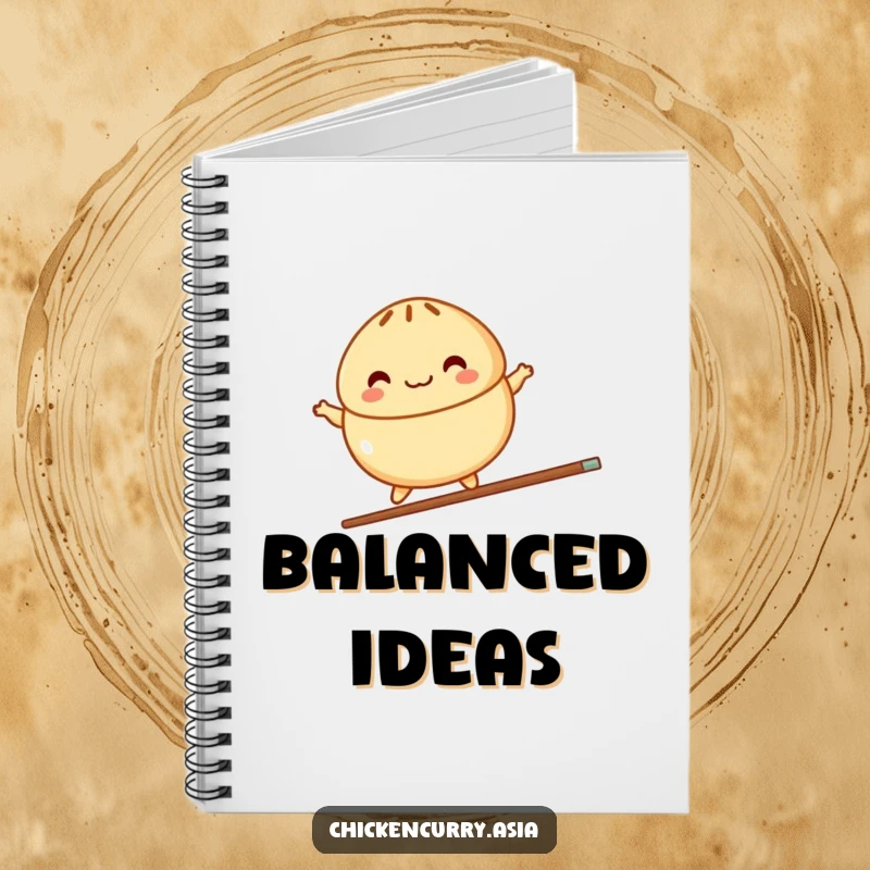 Funny notebook with cover art of a colorful, stylized steamed bun character joyfully balancing on a single chopstick, ideal for notes.